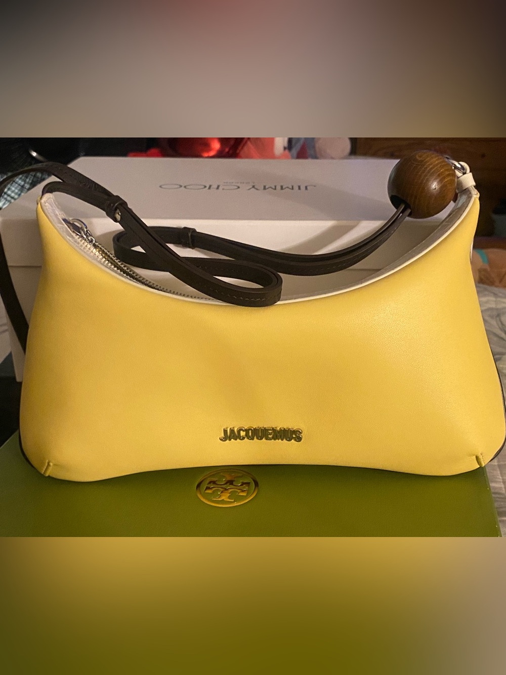 Authentic JACQUEMUS Le Grand Bisou Perle Leather Shoulder Bag Yellow - Picture 1 of 10
